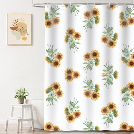 Sunflower Shower Curtain Watercolor, Floral Fabric Shower Curtain, Decorative Modern Bathroom Curtain with Hooks 72x72 Inch