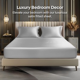 BEDELITE Satin Fitted Sheet and Pillowcases Set, Luxury Soft Similar to Silk Bottom Bed Sheet with Elastic Corner Straps, Deep Pocket up to 15 Inch, 1 Fitted Sheet and 2 Pillowcases(Queen, Grey)