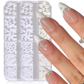 IBXWMNG 2 boxes of nail art rhinestones, white pearls, semi-circular pearl balls, nail beads, caviar beads, white flatback beads for nails