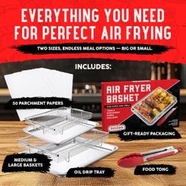 Air Fryer Basket for Oven(Set of 2) – Stainless Steel Air Fryer Tray and Pan Set with 50 Parchment Papers & Food Tongs – Oven Air Fryer Basket and Tray for Baking, Grilling, Crisping