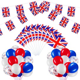 Lenwen 54 Pcs 4th of July British String Pennant Banners British Flag Red White and Blue Latex Balloons with Confetti Balloons Craft Ribbon for Independence Day Patriotic Events Sports Anniversary