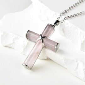 Faith Eagle Natural Stone Cross Gemstone Pendants Charms Cross Quartz Healing Charms With 18 inch Chain Jewelry Necklace (Rose Quartz)