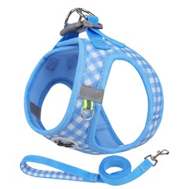 Soft Mesh Dog Harness and Leash Set, Step-in Escape Proof Vest Harnesses, Reflective Breathable Pet Harness Adjustable Plaid Pet Outdoor Harnesses for Medium Dogs, Blue L