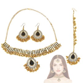 4 Pcs Indian Jewellery Set, Indian Jewellery, – Black Pearl Tassel Pendant Necklace Earrings & Head Chain for Wedding and Festive Occasions