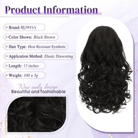 RUWISS Short Ponytail Hairpiece with Drawstring - 33 cm Synthetic Ponytail Extension Wavy Curly Ponytail Extension for Women (Black Brown)