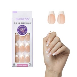 KISS imPRESS No Glue Mani Press On Nails, French, 'Ideal', Beige, Medium Size, Coffin Shape, Includes 30 Nails, Prep Pad, Instructions Sheet, 1 Manicure Stick, 1 Mini File