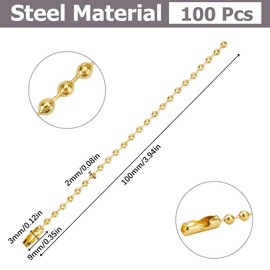 SOFPLATE 1 Box 100Pcs 4"/100mm 2mm Gold Dog Tag Chain Ball Beads Chain Bulk Short Stainless Steel Key Chains Necklace Adjustable Metal Beaded Chains with Connector for Jewelry Making Keychain Crafts