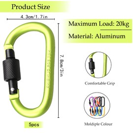 Pack of 5 Carabiner with Screw Cap, Green Key Chain, Carabiner Hook, Aluminium Screw Carabiner, D-Clip for Dog Lead, Harness, Camping, Aluminium Alloy D-type