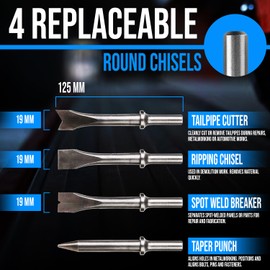 LE LEMATEC 4-Piece Air Chisel Set - 125mm Long Round Concrete Bits with 10.2mm Shank for Pneumatic Hammer, Heavy-Duty Metalworking & Punch and Chisel Set Applications