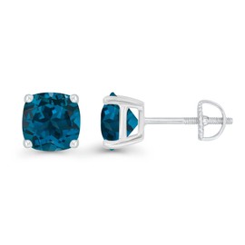 925 Sterling Silver 7mm Cushion Cut Natural London Blue Topaz December Birthstone Screwback Stud Earrings