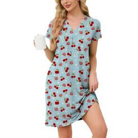 Chunoy Women Soft Cotton Nightgown Short Sleeve Night Shirts Sleepwear Dress with Pockets Cherry and Strawberry X-Large