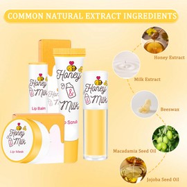 4Pcs Lip Care Set - Lip Mask Lip Balm Lip Oil Lip Scrub, Honey Milk Overnight Sleeping Mask Lip Repair Set, Moisturizing & Nourishing Dry and Cracked Lips, Natural Lip Scrub Exfoliator Lip Balm Set