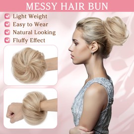 Benehair Messy Bun Hair Piece Tousled Updo Elastic Hair Bun Hairpiece for Women #12/613 Golden Brown Mix Bleach Blonde Updo Ponytail Hair Extensions Straight Donut Chignons 25g