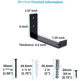 Shelf Brackets 6 Pack Heavy Duty Floating 7.25"L x 6.0"H x 1.5"W Black Metal Shelves Wall Mounted Rustic Iron J Shelf Brackets with Lip for DIY Open Shelving Brackets