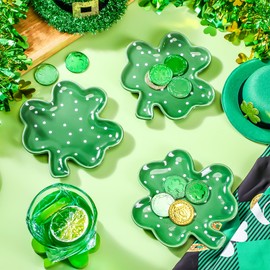 FillTouch 4 Pcs 5.91'' St. Patrick's Day Ceramic Shamrock Plates Candy Dish Clover Serving Platters Green Shamrock Dessert Plates Irish Trays Bowls for St. Patrick's Day Party Dinner