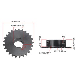 sourcing map Sprocket with 25 Teeth Type B Single Strand 1/4 Inch Pitch 16 mm Bore Black Oxide Carbon Steel Keyway with 2 Adjusting Screws
