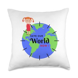 Girl with pigtails and globe save the world for our future Throw Pillow