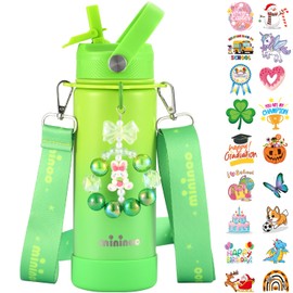 Mininoo Insulated Stainless Steel Kids Water Bottle for School with Straw Lid & Strap, 50 Stickers, 18 oz(Lemon/Green)