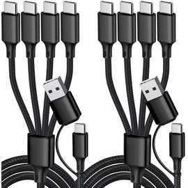 USB C Splitter Multi Charging Cable, USB A/C Fast Charging Cord, 4 in 2 Multi Charger Cable with 4 Type-C Connectors for iPhone16/15 Series/Cell Phones & Pads-2Pack 4FT Black