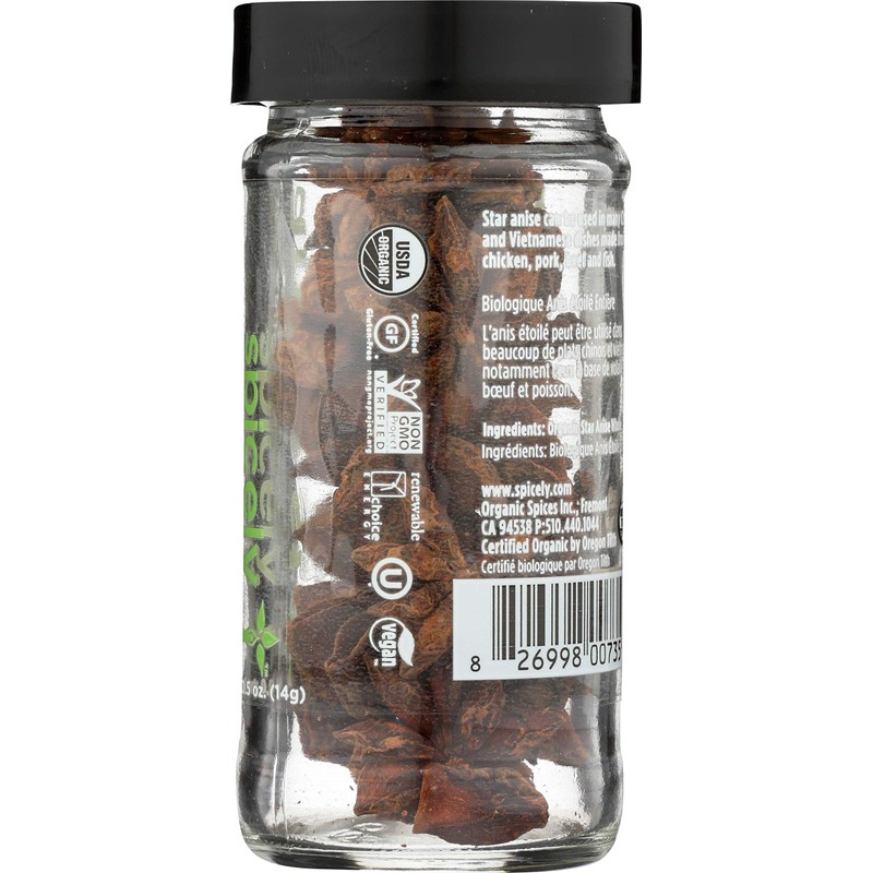 Spicely Organic Anise Star Whole 0.50 Ounce Jar Certified Gluten