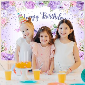 Butterfly Birthday Backdrop - Purple Butterfly Party Decor Banner for Girls Photography Background 7x5Ft