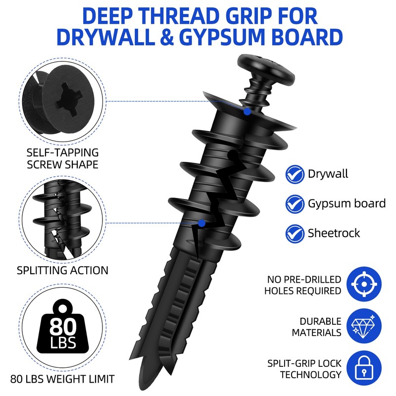 80PCS Self-Drilling #8 Drywall Anchors & Screws Set - Heavy-Duty