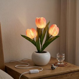 MOYAC Lámpara de Tulipanes de Mesa con 3 Flores, Luz de Noche Decorativa