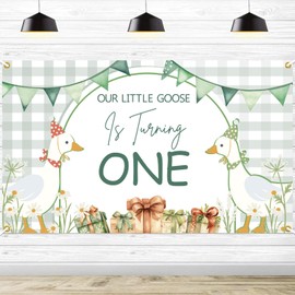 Our Little Goose is Turning One Backdrop, Goose 1st Birthday Party Decorations Green Silly Goose Backdrop for Baby Boys Farm Animal Themed 1st Birthday Party Supplies, 5.9x3.6Ft