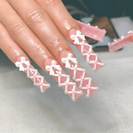 Long Press on Nails Square Fake Nails Cute False Nails Pink Artificial Nails with White Bow Designs Stick on Nails for Women 24pcs