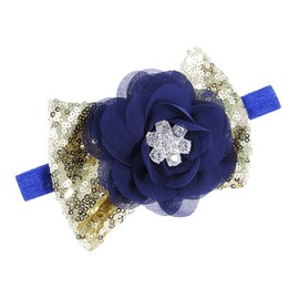 Nishine Boutique Navy Blue Flower Baby Headband Girls Gold Sequin Bow Hairband Photo Props Gift