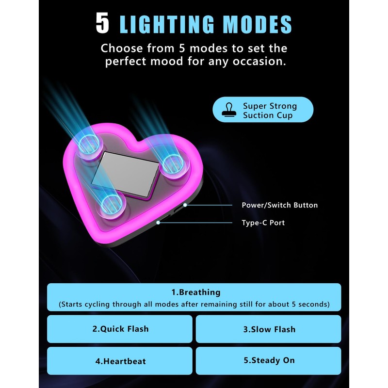 VANKUB 2PCS Solar-Powered Car Heart Lights, 5-Mode Wireless LED Ambient