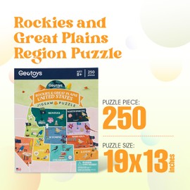 Geotoys Rockies & Great Plains Region Jigsaw Puzzle - 250 Piece Puzzle for Kids - Jigsaw Puzzles for Kids Ages 8-12 Years Old - Geography Puzzles with Colorful Landmarks, United States Flag and More
