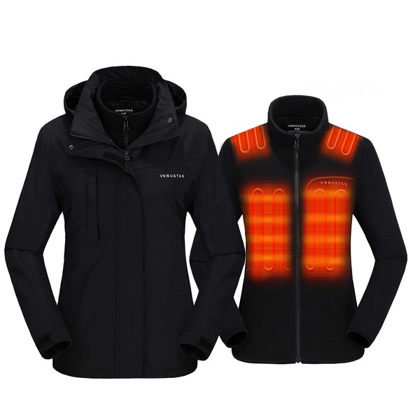 Venustas Heated Jacket for Women, 3 in 1 Winter Jacket with Battery Pack 7.4V, Water Resistant Ski Coat with Removable Hood