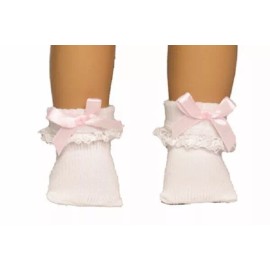 JustAskJoyce Collection Separates, Soft White Lace Socks with Pink Satin Bow, for 18-inch Dolls