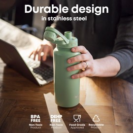 Smartshake Bohtal 960ml/32 oz Insulated Water Bottle, Durable Stainless Steel Water Bottle, Leak Proof Water Bottle, Keep Drinks Hot for 6 Hours, Cold for 12 Hours, BPA-Free, Leak-Proof Lid - Green