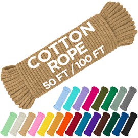 TECEUM Cotton Rope 3/16” (5 mm) – 50 FT – Strong All-Purpose Braided Rope – Natural Cotton – for Crafting, Сamping, Clothes Line, DIY, Indoor & Outdoor Use – Cappuchino