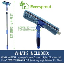 EVERSPROUT 1.5-to-3 Foot Swivel Squeegee and Microfiber Window Scrubber (8-10 Ft Standing Reach) | 2-in-1 Window & Glass Cleaning Combo | Lightweight, Aluminum Extension Pole | Includes 10-inch Blades