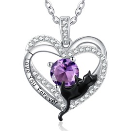 February Birthstone Amethyst Cat Necklaces for Women Sterling Silver Black Cat Heart Pendant Necklaces Cute Animal Jewellery Gifts for Women