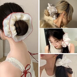 2 PCS White Large Lace Scrunchies for Women Oversized Scrunchy Hair Ties Satin Hair Scrunchies Ponytail Hair Holder Accessories for Women Thick Curly (2P white)