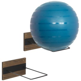 MyGift Set of 2 Wall Mounted Large Stability Ball Holders, Burnt Solid Wood and Black Metal Storage Racks for Gym Sport or Yoga Studio Exercise Balls - Rectangular 16 x 9 Inch Ball Display Ring