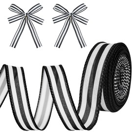 Mupera Black & White Striped Wired Ribbon - 1" x 10 Yards | Ideal for Weddings, Holiday Decor, Gift Wrapping & DIY Crafts