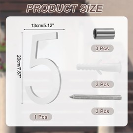 sourcing map Floating House Numbers, 8 Inch Solid Aluminum Modern Address Number for Outside with Nails Kit for Home Street Office Mailbox Sign(Number 5, Reflective Silver)