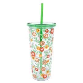 Martha Stewart Double Wall Tumbler with Lid and Reusable Straw, Floral Plastic Cup, Insulated Travel Cup Holds 24 Ounces, Floral Cloud Dancer