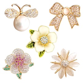 FOSDICK Pack of 5 Brooch Buttons, Crystal Button Brooches for Clothes, Buttons Without Sewing, Pins Pins, Shirt Buttons, Removable Brooch Corset, Bouquet, Safety Pins for Women