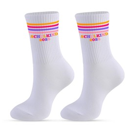 1 Paar Schulkind Socken Mädchen,Schulkind 2025 Mädchen Geschenk Einschulung Kinder Rosa Socke 25-34 Schulanfang Geschenke Personalisiert Einschulungsgeschenke Baumwolle Egenbogen Einschulungsocken