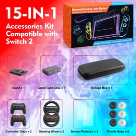 JoyHood 15 in 1 Accessories Kit Compatible with Switch2, Family Accessories Bundle for Switch2 with Storage Bag, Steering Wheel, Controller Grips, Screen Protector, Game Card Case