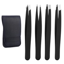 Mynoozi 4 Pack Professional Tweezers Kit for Facial Hair Women and Men, Stainless Steel Tweezers Set with Holster for Ingrown Hair, Eyelash Extension, Eyebrows Plucking Beauty Tool-Black