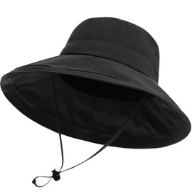 Sun Hats for Women, Wide Brim Waterproof Bucket Hat, Summer Beach Packable Ponytail Hat,UPF 50+ UV Protection Black