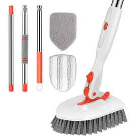 Floor Scrub Brush, 3-In-1 Tile Tub Floor Scrubber with 52-inch Adjustable Long Handle Shower Cleaner Brush and 3 Detachable Replacement Brush Heads for Cleaning Bathroom Kitchen Walls Tub Tile - Colour: Orange 3-in-1