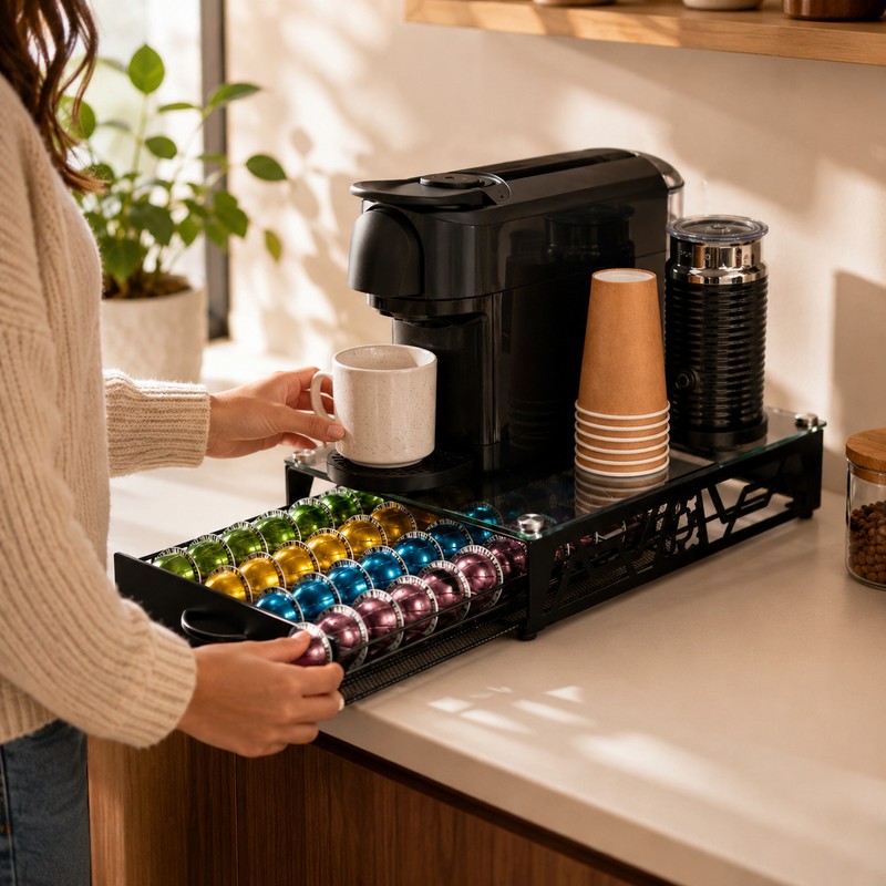 Coffee Pod Holder Drawer with Glass Top – Sleek Black